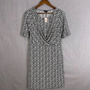 Ann Taylor Dress Womens Medium Petite Black White Geometric Faux Wrap Sheath NWT